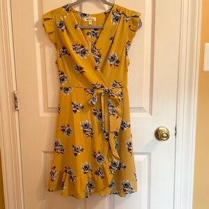 Short floral dress , yellow with blue floral pattern